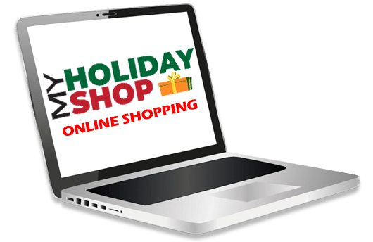 Laptop computer with My Holiday Shop Online Shopping on screen