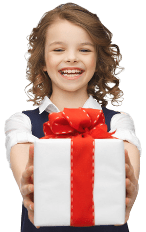 Happy child handing you a wrapped present