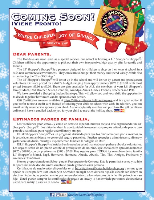 Example of a Bilingual Lil' Shopper's Shoppe letter