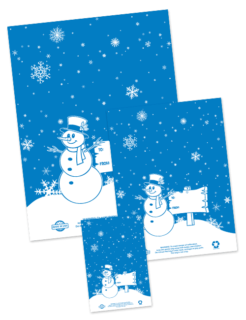 Blue and white snowflake bags in three different sizes